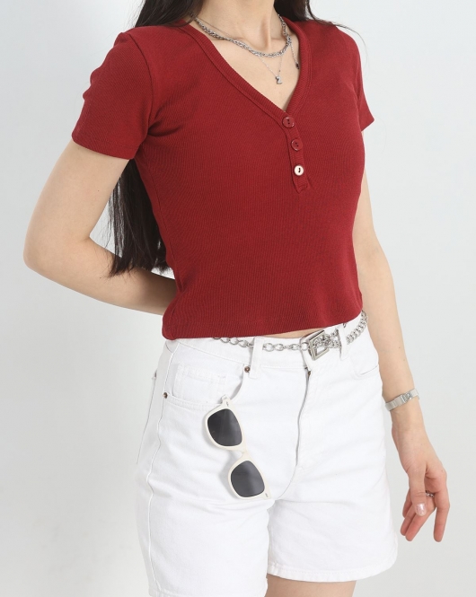 Düğme Detay V Yaka Body Bordo - 70058.599.