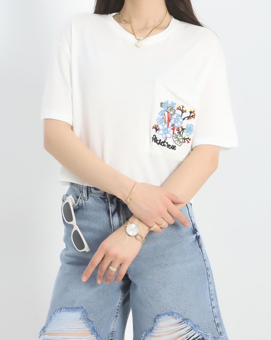 Nakış Detay Oversize Crop Tişört Beyaz - 30613.1872.
