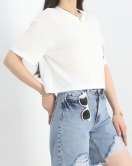 Nakış Detay Oversize Crop Tişört Beyaz - 30613.1872.