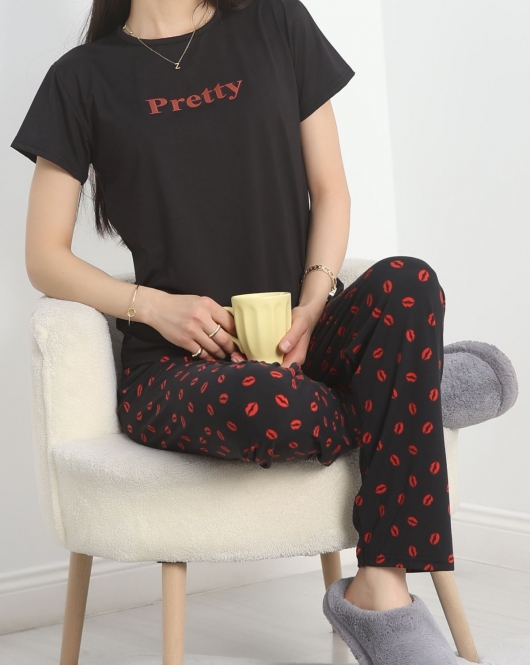 Enjeksiyon Baskı Milan Kumaş Pijama Takımı Siyahkırmızı - 630.1287.