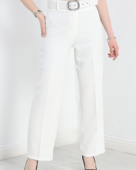 Double Kumaş Kemerli Bol Paça Pantolon Beyaz - 20903.1397.