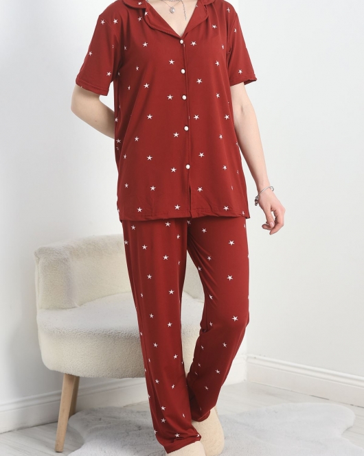 Milan Kumaş Düğmeli Pijama Takımı Bordo - 70455.1048.