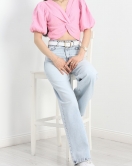 Balon Kol Crop Bluz Pembe - 30720.1934.