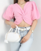 Balon Kol Crop Bluz Pembe - 30720.1934.