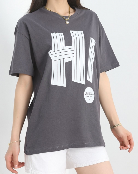 Baskılı Oversize Tişört Gribeyaz1 - 40649.1872.