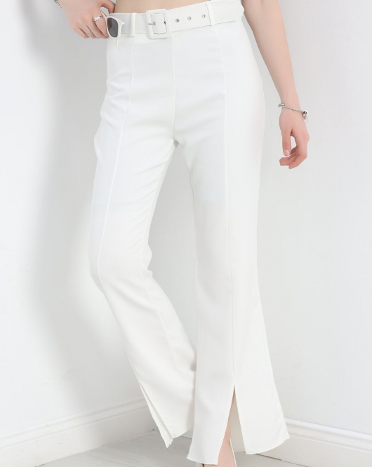 Kemerli İspanyol Paça Pantolon Beyaz - 30373.1397.