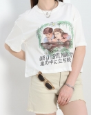 Baskılı Oversize Crop Tişört Beyaz - 30391.1872.