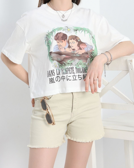 Baskılı Oversize Crop Tişört Beyaz - 30391.1872.