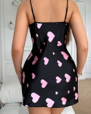 Pembe Kalp Desenli Siyah Saten Gecelik